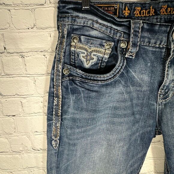 Rock Revival Jeans Mens 34 Blue Rogue Boot Embellished Denim Stretch - Picture 8 of 15